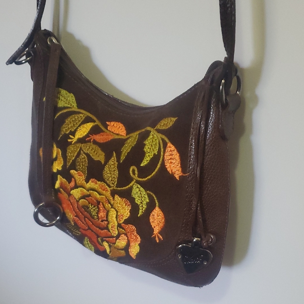 Sharif Studio Leather Brown Embroidered Floral Crossbody Bag - Picture 3 of 14